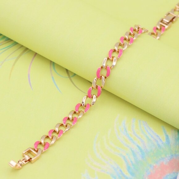 "Rose Gold Pink Enamel Chain Link Bracelet, Bold and Trendy Design, XPBL0757 - Picture 1 of 12